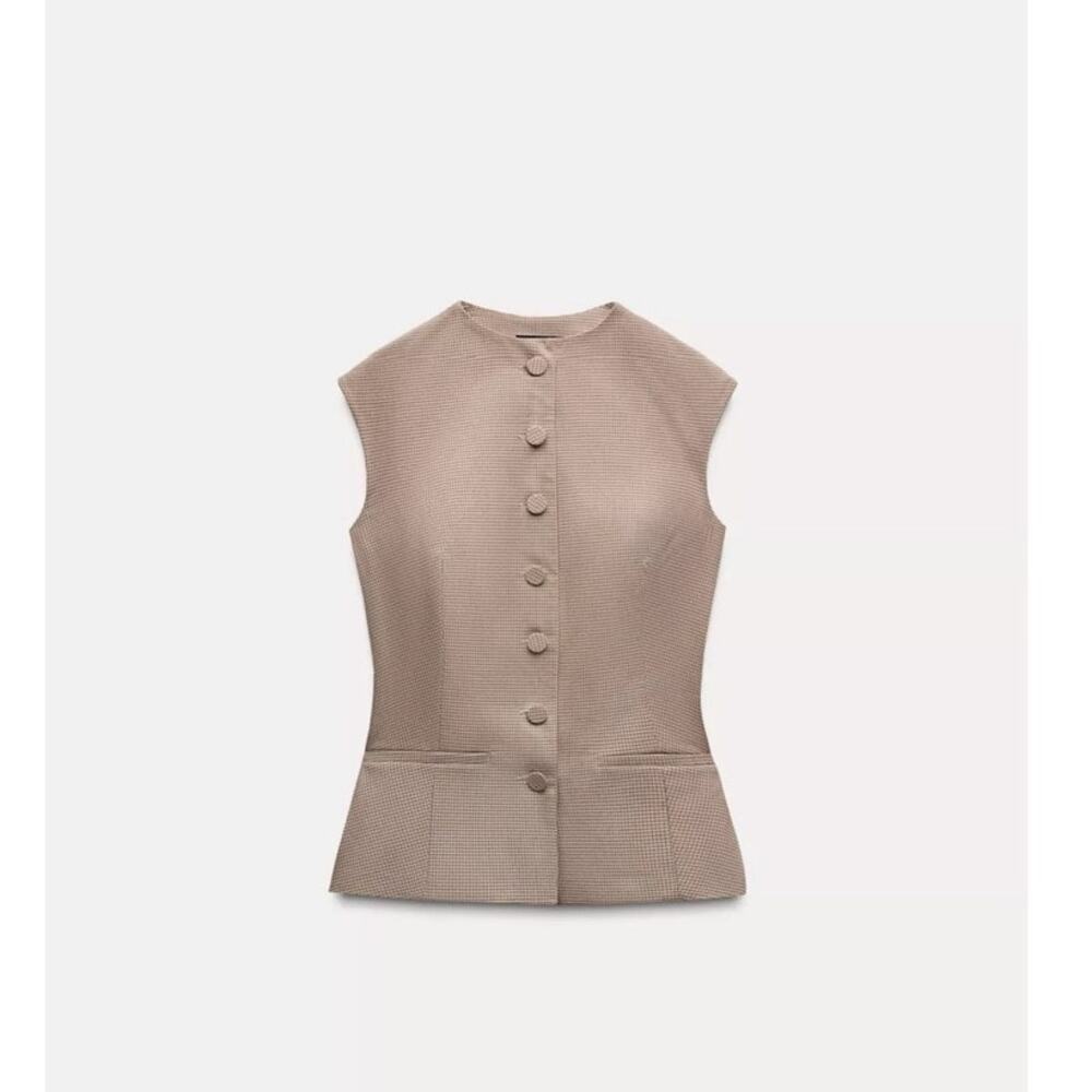 ZARA 4661/103 BUTTONED PLAID TOP KHAKI SLEEVELESS VEST MEDIUM 6 8 EUC